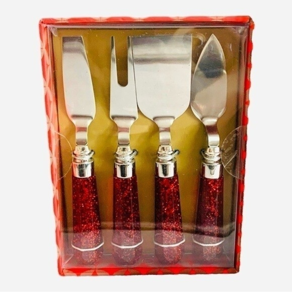 Wild Eye Designs Cheese Knives Set of 4 Red Sparkle Acrylic Handle Stainless NIB - Picture 2 of 4